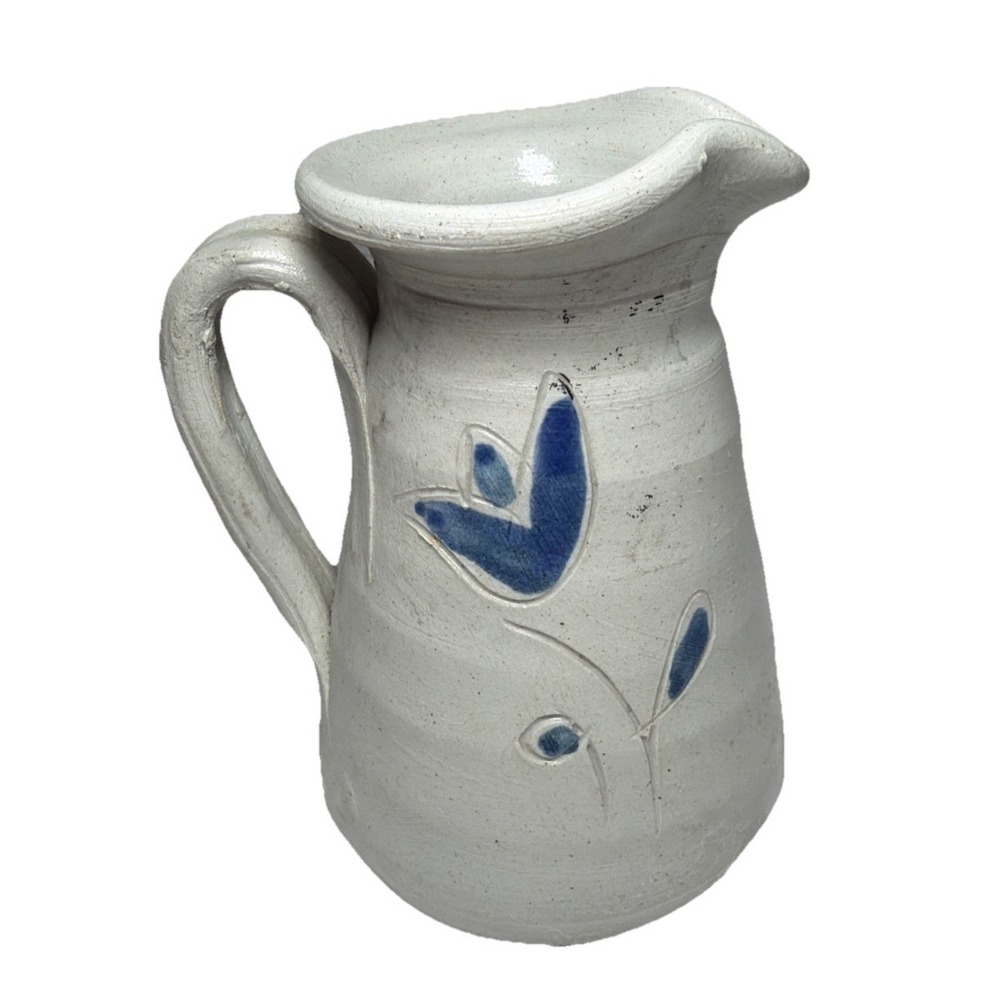 Williamsburg Pottery Mini Small Salt Glazed Blue Flower Vase Pitcher 3.75" Tall